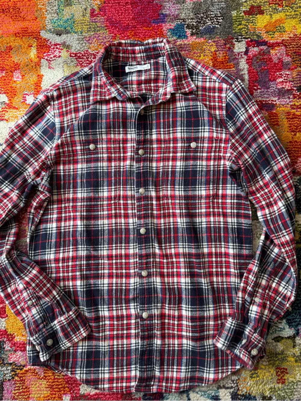 Men's 100% cotton Red and Navy Plaid Button-Down Shirt
